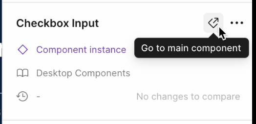 Figma user interface showing the "Go to main component" tooltip text when hovering over the diamond with an arrowing pointing out from it