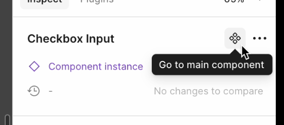Figma user interface showing the "Go to main component" tooltip text when hovering over the diamond icon with four smaller diamonds